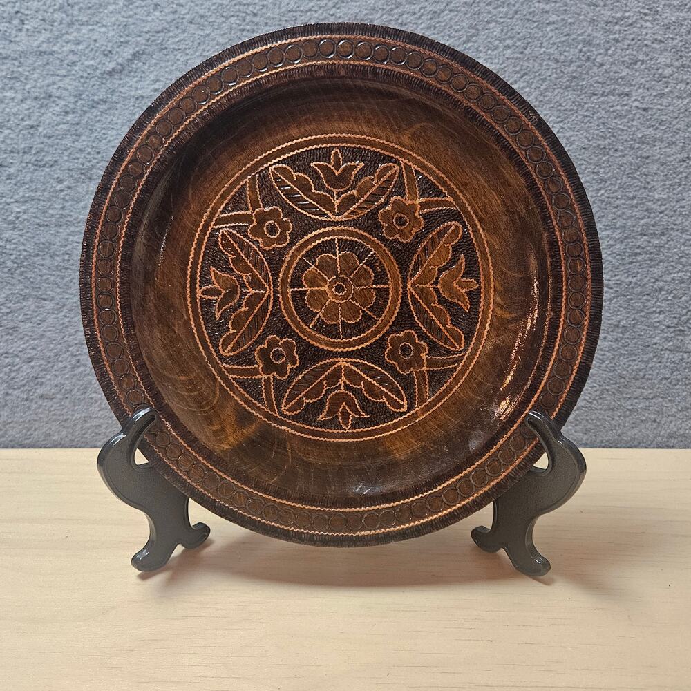 Vintage Polish Folk Art Hand Carved Wooden Wall Plate Brass Inlay Pyrography